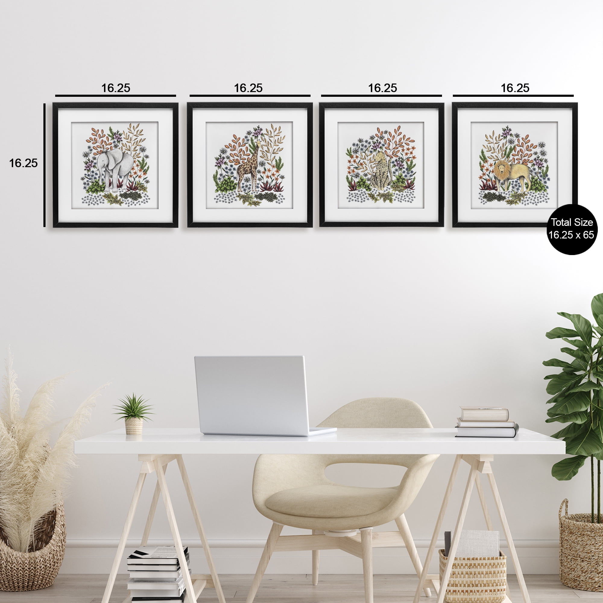 Jungle Wildlife & Botanicals 4 Piece Black Framed Print Under Glass Set, design by Cecilia Battaini