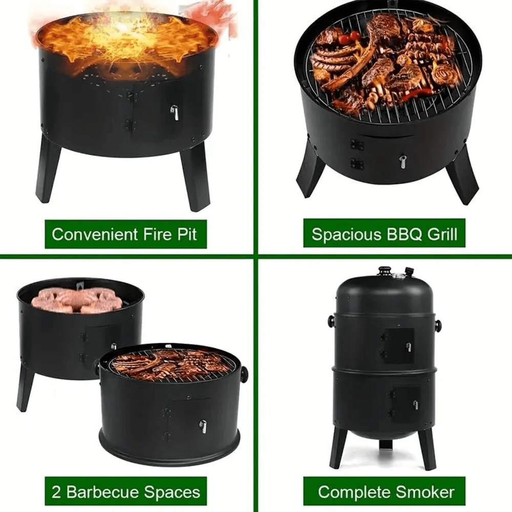 Vertical Charcoal BBQ Smoker, 3-in-1 16" Round Charcoal Barbecue Grill with 2 Cooking Area, and Thermometer for Outdoor Camping Picnic Backyard Cooking, Black