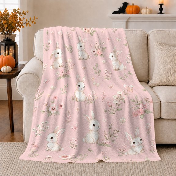 White Rabbits Among Delicate Pink Garden Flowers, Soft Flannel Blanket with Delicate Watercolor Animals Print, Housewarming Gift and Home Decor for Bedroom and Living Room