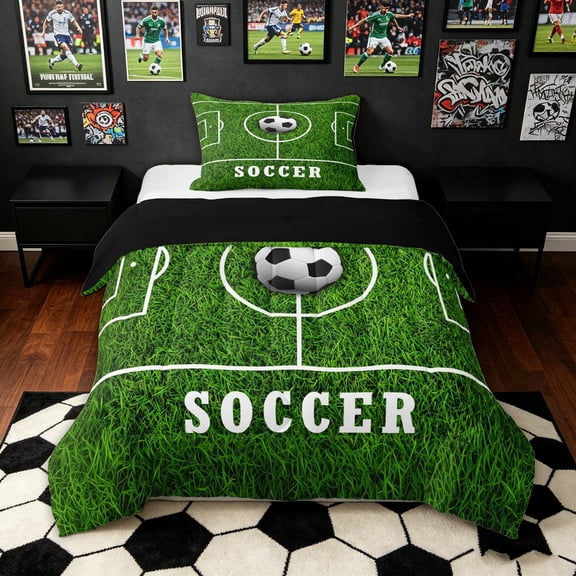 meiyoeat Minimalist Soccer Twin Comforter Sets for Boys, Field Ball Sport Bedding Set, Green, Black Reversible, 2 Pieces, 1 Comforter and 1 Pillowcase
