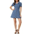 thumbnail image 2 of Allegra K Women's Solid Color Turn Down Collar Fit & Flare Denim Dress, 2 of 6