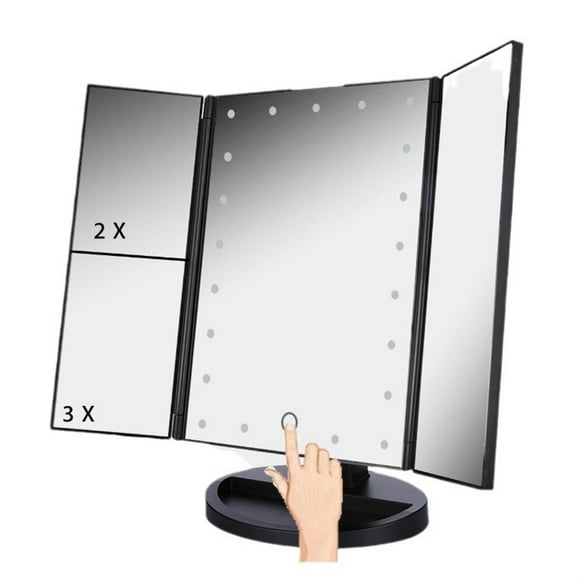 Tabletop Mount Trifold Lighted Vanity Makeup Mirror with LED Lights - 3 Way Mirror Touch Screen, 3X/2X/1X Magnification, Dual Power Supply Mode, Foldable Makeup Mirror, Vanity Accessories