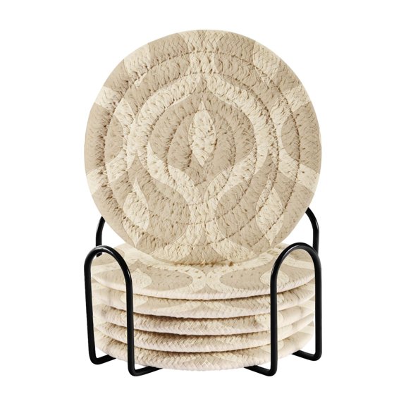 Yayeee 6 PCS Drink Coasters with Holder Set Woven Absorbent Round Tabletop Hot Pad, Light Brown Pattern
