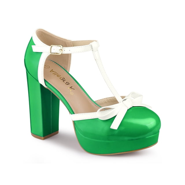 BLISSFUL STEP Escarpins à Talons Épais à Plateforme avec Nœud et Bride en T pour Femme Verts (Taille 11)