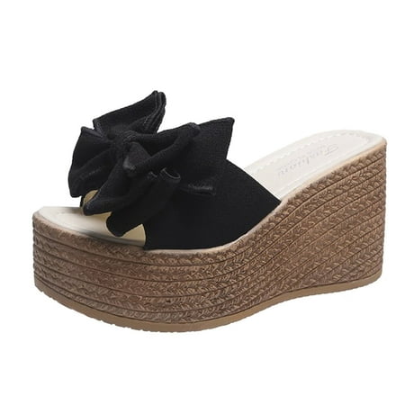

new home gifts for home Fashion Spring And Summer Women Sandals Wedge Heel High Heel Bow Solid Color Casual Style Pu Black