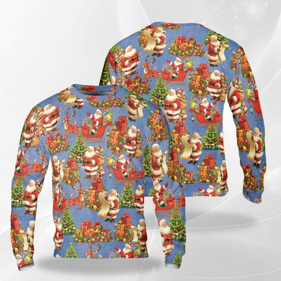 Santa and Reindeer Christmas Sweatshirt, Festive Holiday Santa Crewneck, Gift Boxes and Christmas Tree Pattern Pullover for Men Women