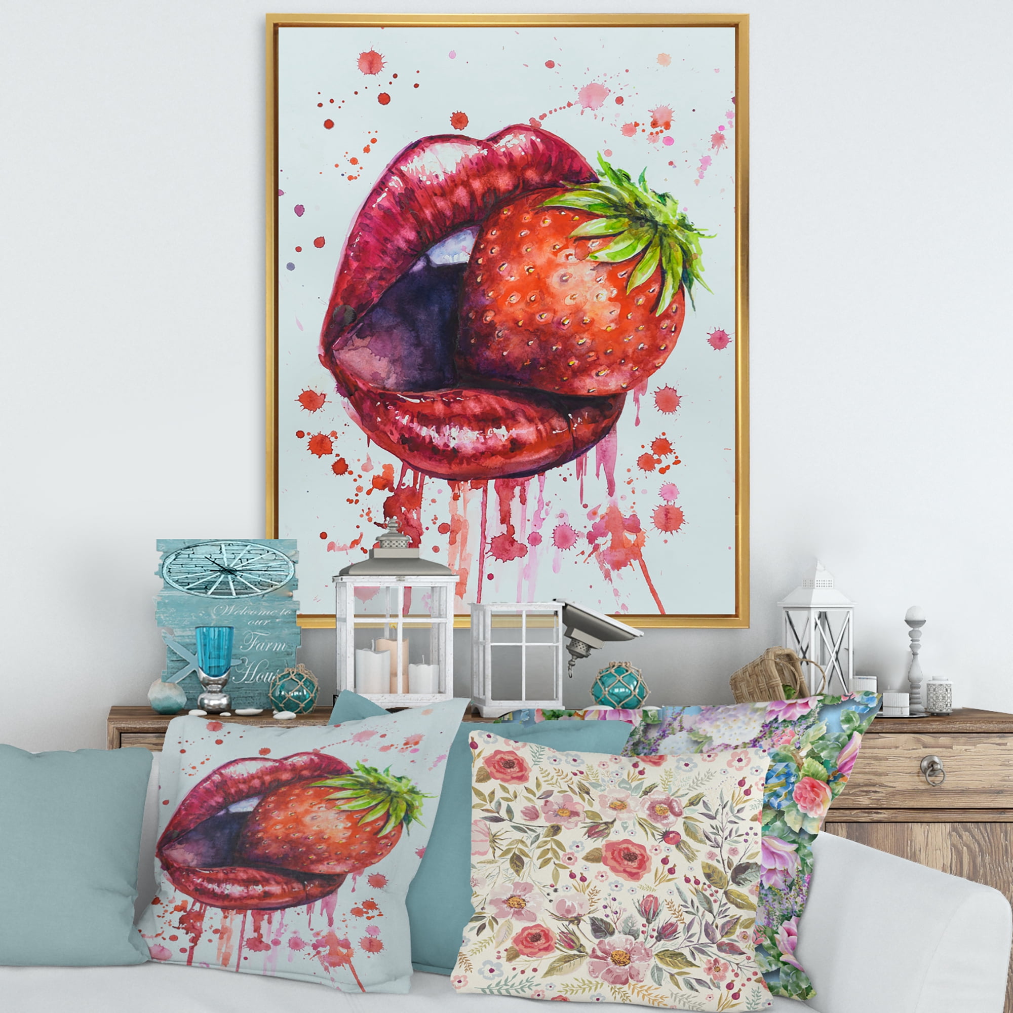Designart 'Red Girl Lips Eating A Strawberry' Modern Framed Canvas Wall Art Print