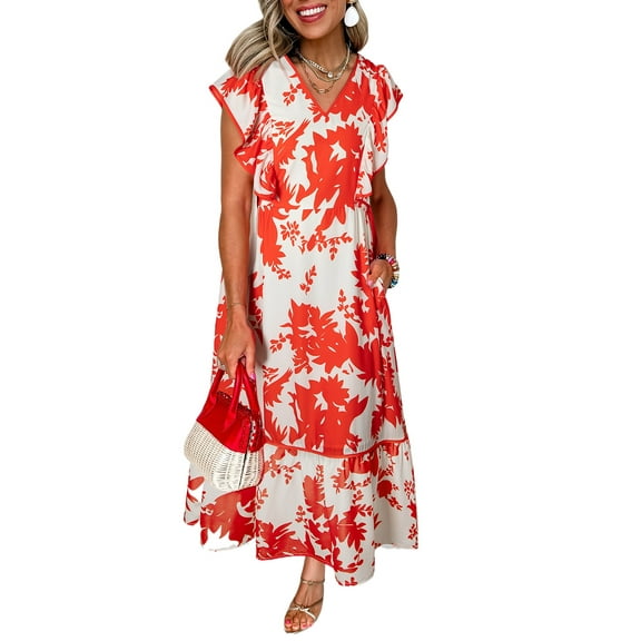 Elegant Red Floral Print Trimmed V Neck Ruffle Sleeve Long Dress for Women | [ZhiHiMeRi] | (US 12-14)L