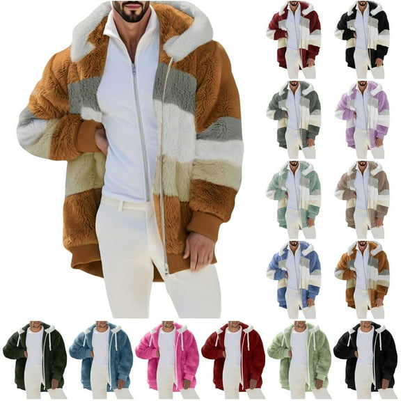 BiZtdJrK Mens Fuzzy Sherpa Jacket Fleece Long Sleeve Full-Zip Hooded Sweatshirts Casual Warm Winter Coats Outdoor Fashion Clothes, Brown, L