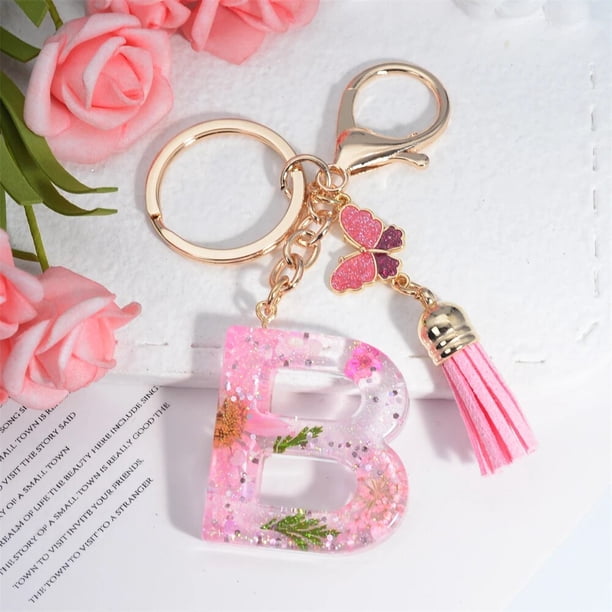 Llaveros con iniciales de flores secas de A-Z para mujer, colgante de borla de mariposa, adornos para bolsos, llavero de coche, regalos de recuerdo