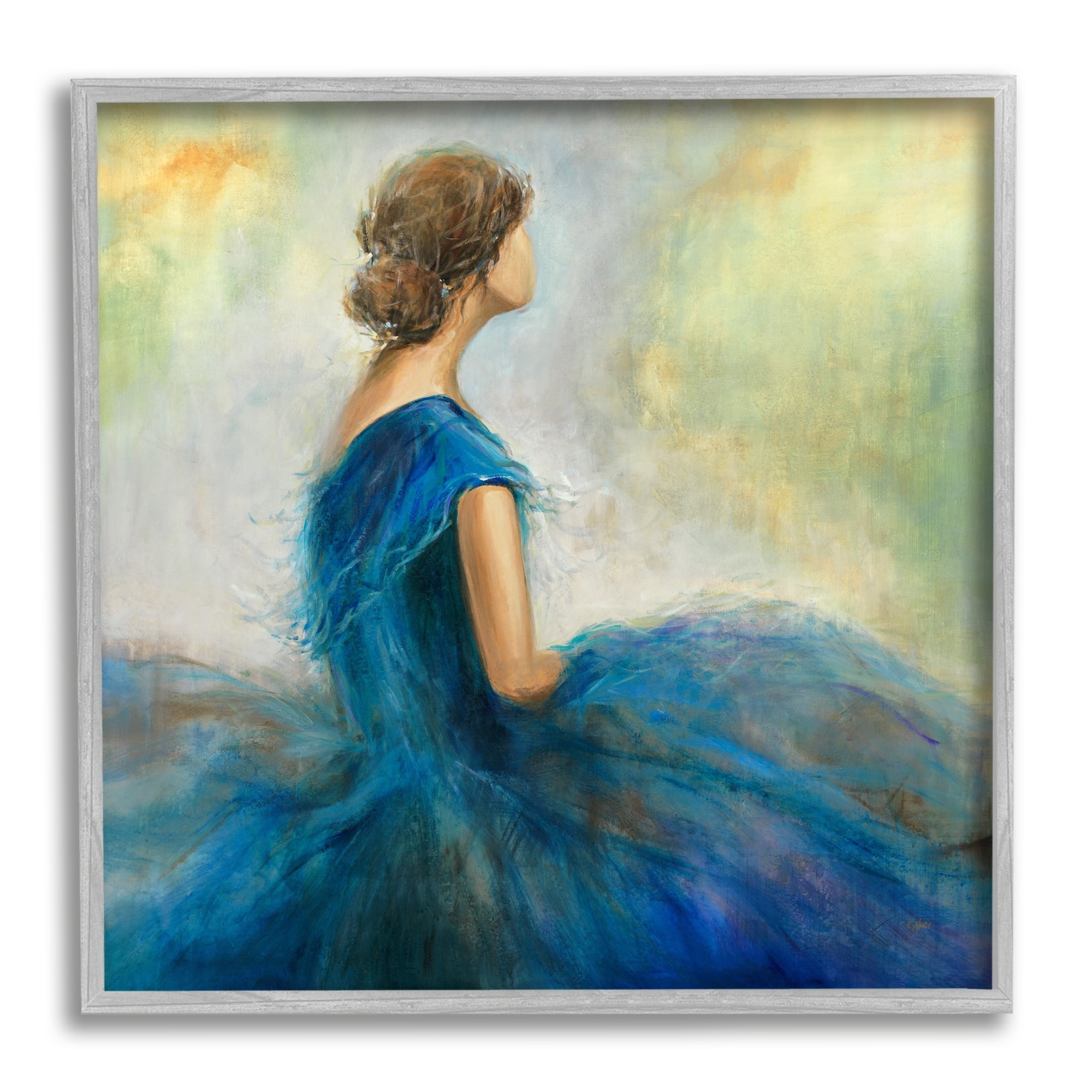 Stupell Industries Woman Billowing Blue Dress Classic Figure Painting Painting Gray Framed Art Print Wall Art, Design by K. Nari