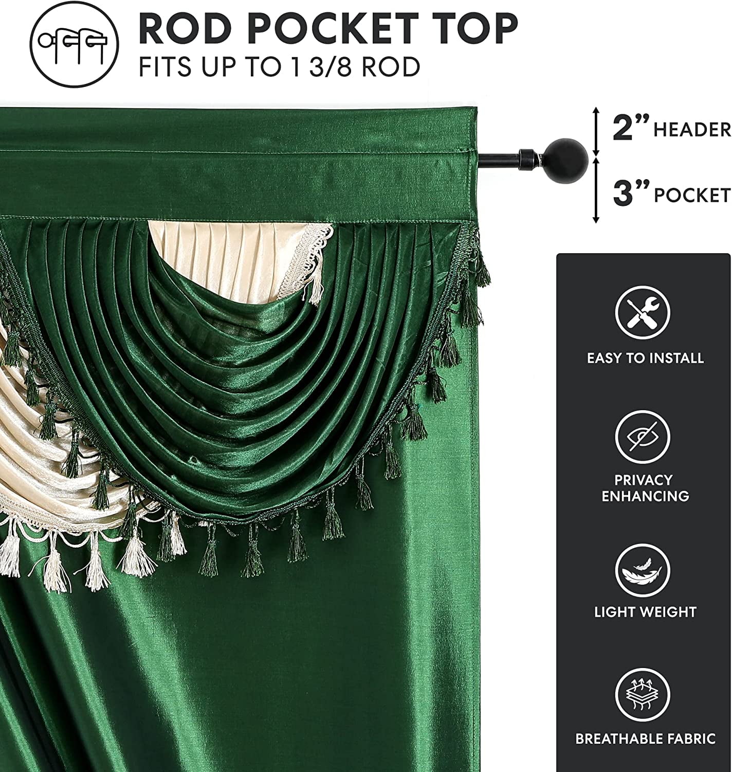 Regal Home Collections Amore Curtains 5-Piece Window Curtain Set - 54-Inch W x 84-Inch L Panels with Attached Valance and 2 TiebackS (Green)