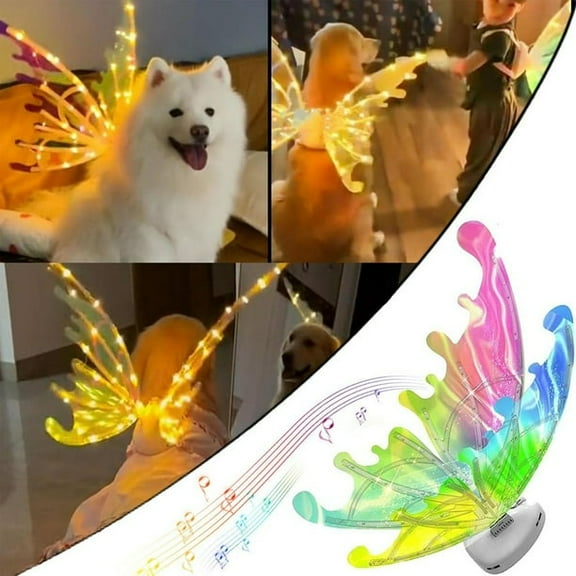 Light Up Fairy Wings for Girls Pet Led Butterfly Wings Dog Halloween Costumes Fairy Wings for Dogs Electric Fairy Wings Costume Fairy Costume with Led Lights & Music Halloween Costume