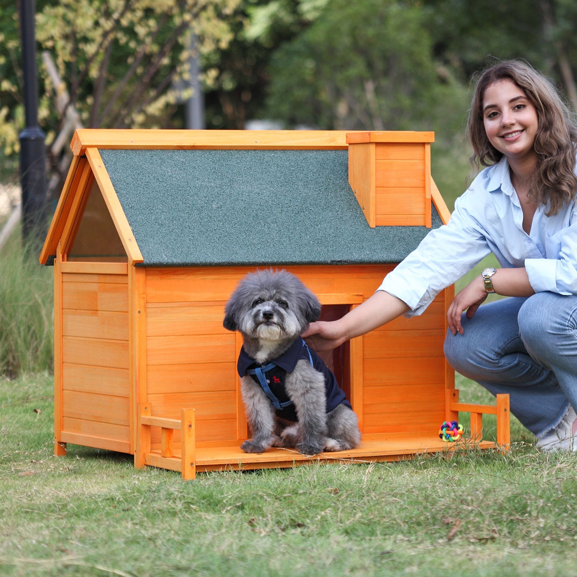 Demi Bonn 38" Wooden Dog House for Indoor Dogs, Outdoor Waterproof Dog Kennel, Log Cabin Style with Porch, Elevated Floor, PVC Curtain, Orange