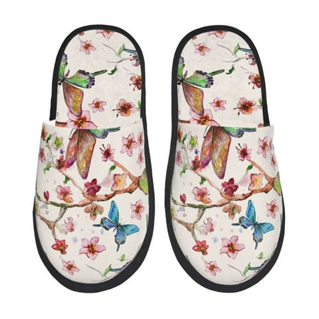 Balery Watercolor Floral With Butterflies Slient Indoor Furry Fleece Comfort House Shoes Soft Non-Slip Home Shoes Cotton slippers House Slippers-- Large