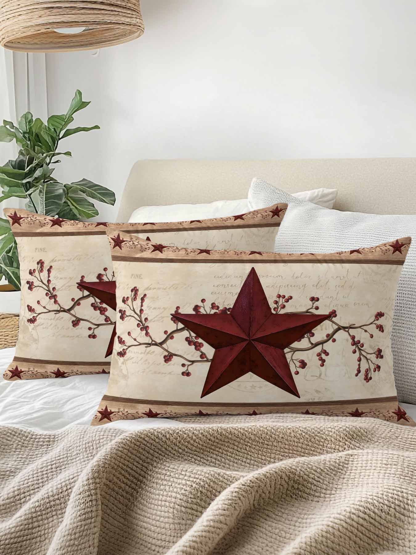 Outdoor Pillows Waterproof, Red Texas Star Rustic Bedding Throw Pillows with Insert for Couch Sofa Bed, Farmhouse Berry Brown Wooden 12x20 Inch Pillowcases Decorative Camping Patio Pillow Set of 1