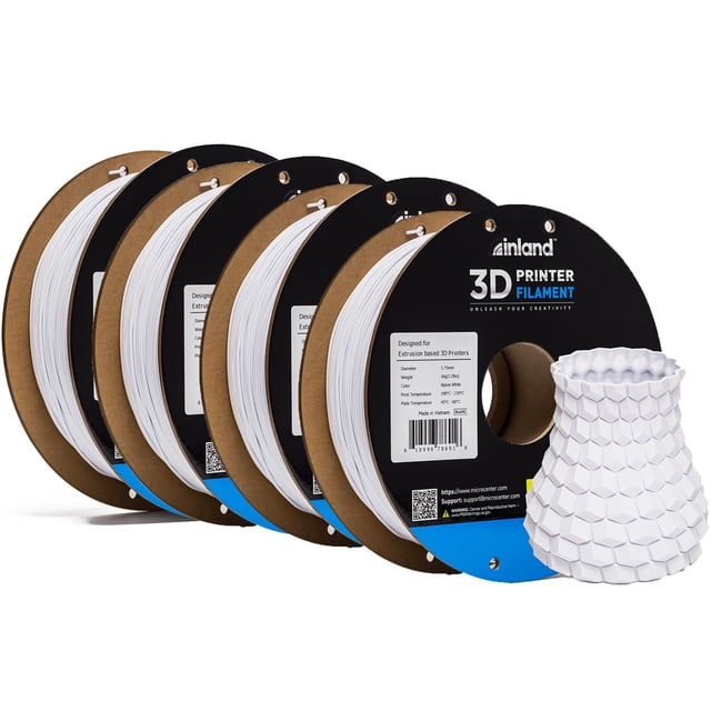 Paquete de filamento PLA Inland de 1,75 mm, filamento para impresora 3D de 4 kg, precisión dimensional +/- 0,02 mm, paquete de 4 filamentos, se adapta a la mayoría de impresoras 3D FDM (blanco alpino,