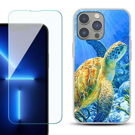 Slim-Fit Gel TPU Phone Case for iPhone 14 Pro Max, with Tempered Glass Screen Protector, by OneToughShield ® - Sea Turtle