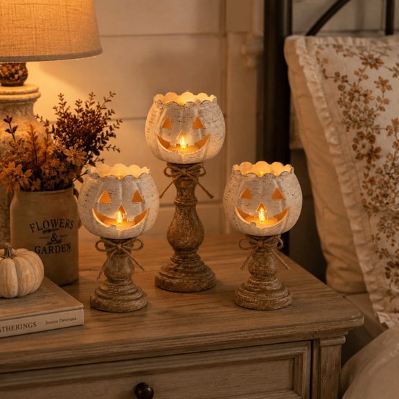 Layered White Pumpkin Pedestal Candle Holders Set of 3, Distressed Finish Jack‑O‑Lantern Tealight Holders, Rustic Farmhouse Indoor Table Decor for Fall Halloween Thanksgiving Party Display Gift