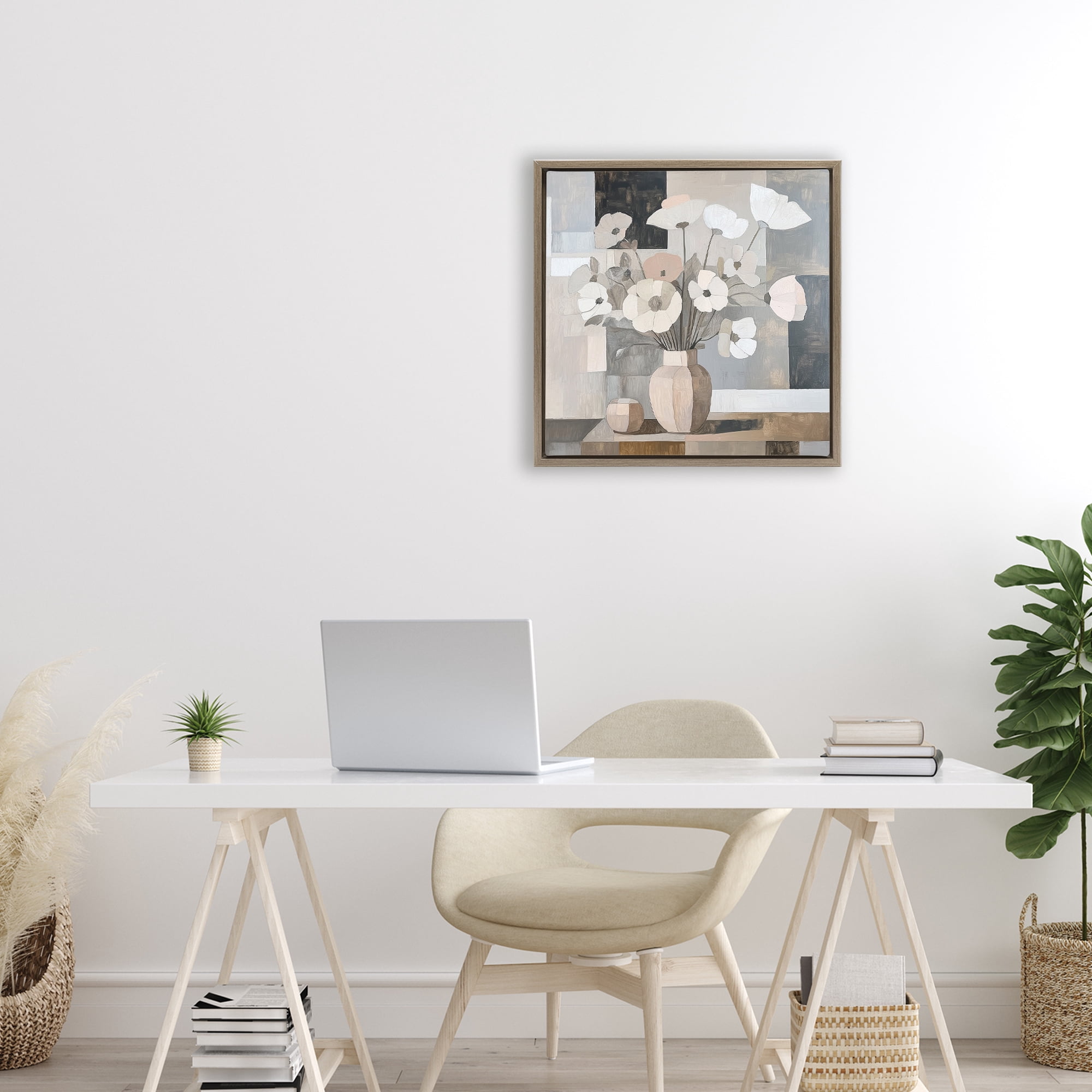 Stupell Industries Muted Pastel Poppies in Cubism Brown Framed Floater Canvas Wall Art, design by Heidi Kuntz