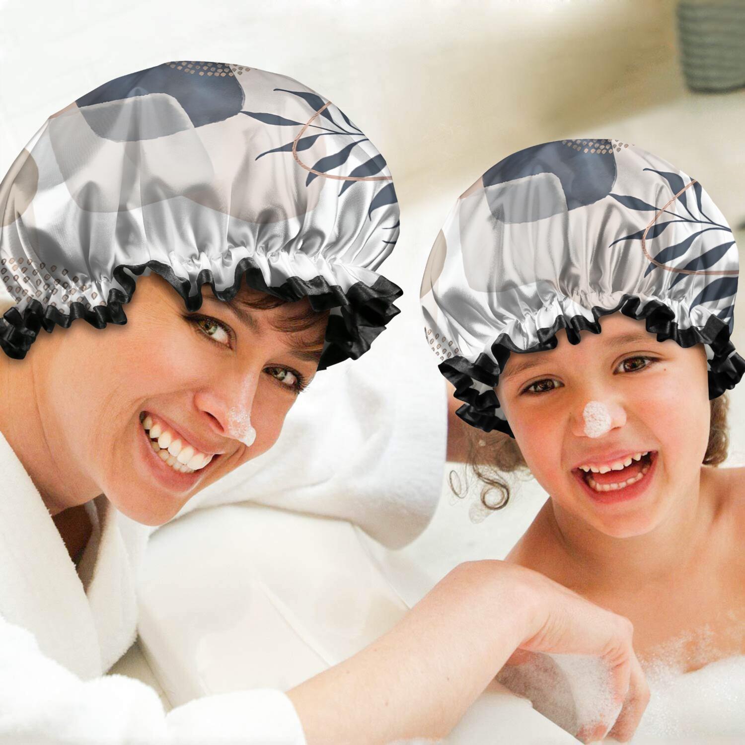 Shower Caps,Blue Boho Abstract and Plant Pattern Waterproof Shower Cap for Women 4 Pieces,Double Reusable Hair Cover for Shower PEVA Elastic Stretch Hem