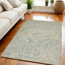 5' X 8' Tan and Blue Wool Geometric Area Rug