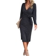 thumbnail image 2 of BAETEUY Women Dress Cross V Neck Lace-up Slim Fit Sheath Long Sleeves Knee Length Knitted Slim Fit Elastic Midi Dress Shopping Dating Dress, 2 of 8