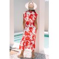 thumbnail image 2 of I AM A FASHION JUNKY Red Floral Print Trimmed V Neck Ruffle Sleeve Long Dress (Red, M, 100%Polyester), 2 of 8