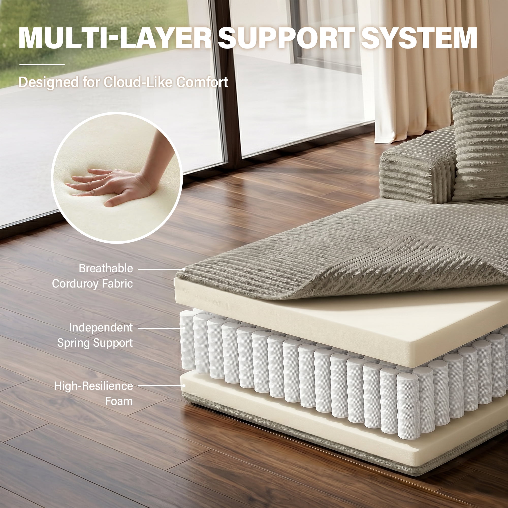 Aukfa 96" Cloud Sectional Couch, Modular L Shaped Boneless Sofa with Left Facing Chaise&2 Storage Pockets, Camel