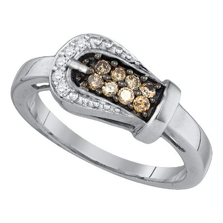 - Brown Diamond Buckle Ring Solid 10k White Gold Belt Band Chocolate Round Cluster Style Polished 1/4 ctw