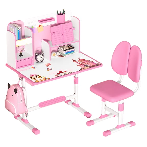 Seipola 2-piece Children's study table and chair - Height adjustable, ergonomic design with bookshelf and foot, suitable for school and home use (pink/blue)