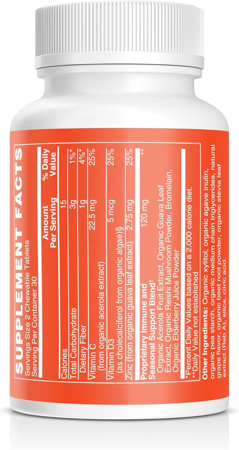 Vital Rise Organic Kids Immune Support Chewable Tablets, Sugar-Free Grape Flavor, Vitamin C, Vitamin D3, Zinc & Elderberry, USDA Organic, Vegan Supplement for Kids Ages 4+