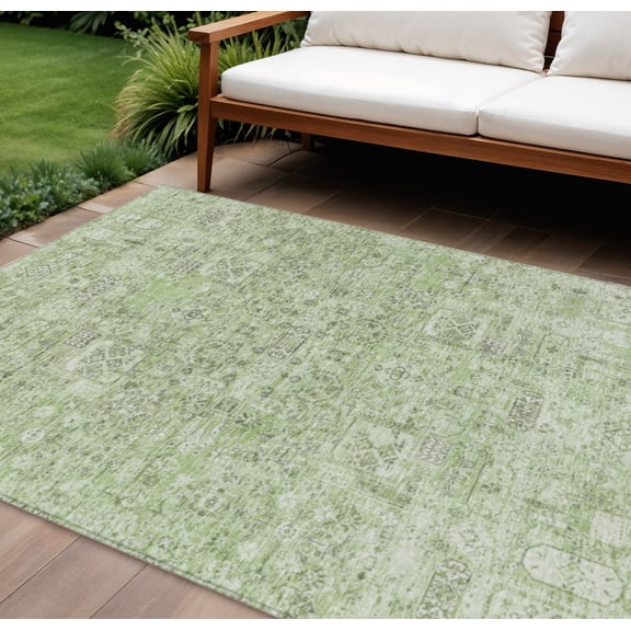 9' X 12' Artichoke Green And Olive Green Floral Washable Indoor Outdoor Area Rug