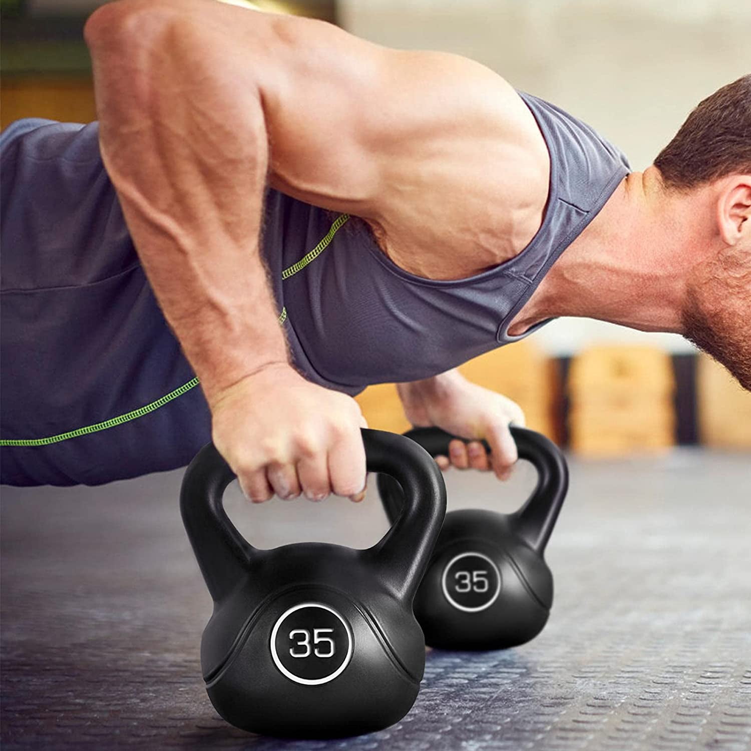 35lbs Kettlebell Weights, Men & Women Home Gym Kettle Bell Exercise & Fitness Equipment w/Wide Flat Base & Textured Grip for Strength Training