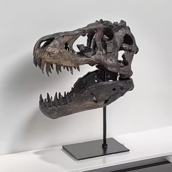 Dinosaur Skull Statue, Realistic T Rex Dinosaur Head Skull Model in Resin with Metal Stand, Prehistoric Shelf Decor and Desk Display Sculpture for Home Office Aesthetic Decoration