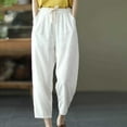 thumbnail image 2 of FAIWAD Women Cotton Linen Pants High Waist Elastic Drawstring Capri Rolled Trousers with Pockets (X-Large, White), 2 of 7