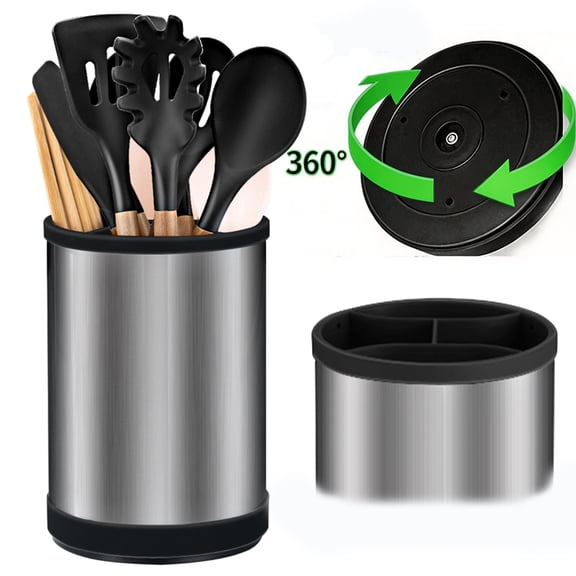 Stainless Steel Utensil Holder 6 Grids 360° Rotating Steak Knives Silverware storage Organizer with Drainage Holes, Countertop Cutlery Caddy for Spoon Fork Knife