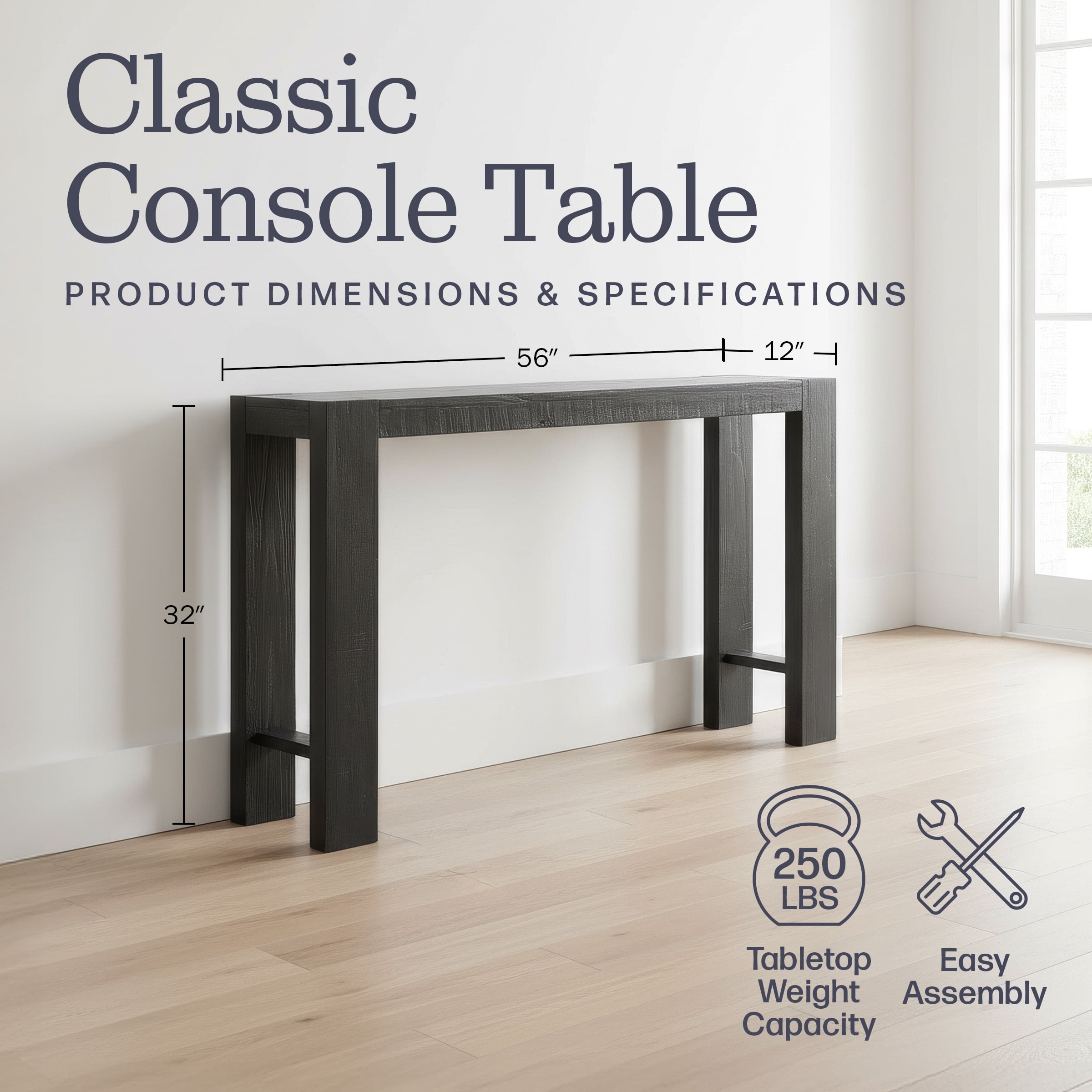 Alaterre Furniture Classic Solid Wood Console Table - 56 Inch Modern Farmhouse Entryway Table, Black