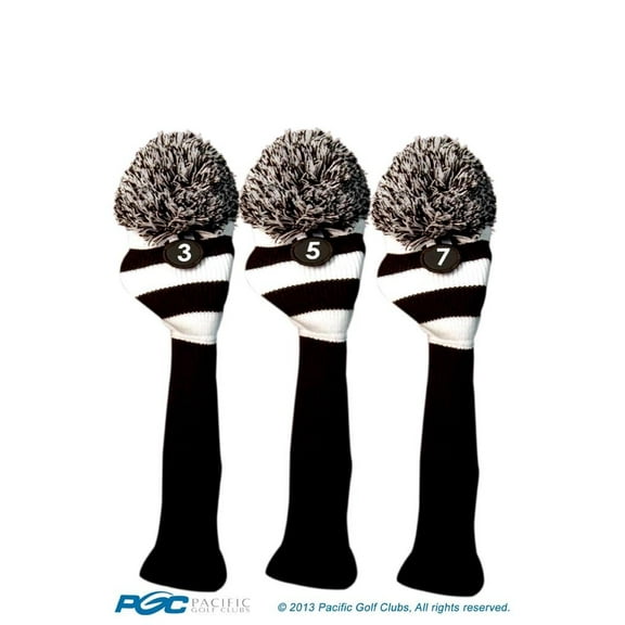 Majek Golf Club 3 5 7 White and Black Limited Edition Fairway Wood Head Covers Tour Knit Retro Vintage Pom Classic Long Neck Metal Longneck Woods Headcovers