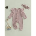 thumbnail image 2 of aturustex Infant Baby Girls Solid Zipper Rompers 0 3M 6M 12M Newborn Ruffles Long Sleeve Jumpsuits Crew Neck Ribbed Bodysuits with Headband Toddler Fashion Casual Basic Daily Spring Fall Clothes, 2 of 7