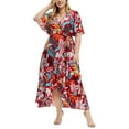 thumbnail image 2 of Eternatastic Floral Printed Wrap V-Neck Short Sleeve Split Beach Party Maxi Dress Women Plus 0XL Red, 2 of 7