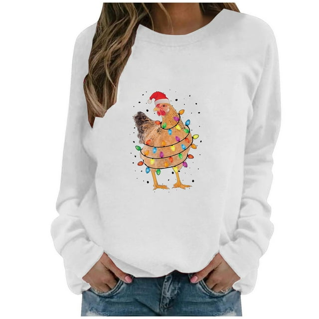 Penkiiy Hoodies pour Femmes, Tops à Manches Longues, Col Rond, Imprimé, Blouse Régulière, Sweashirts, Vêtements Y2K Blancs