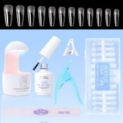 Perfect Summer Nail Tips and Glue Gel Kit, 504Pcs Coffin False Nail Tips, 3 in 1 Nail Glue Gel, UV Nail Lamp, Gel Nail Extension Kit, Acrylic Nail Kit