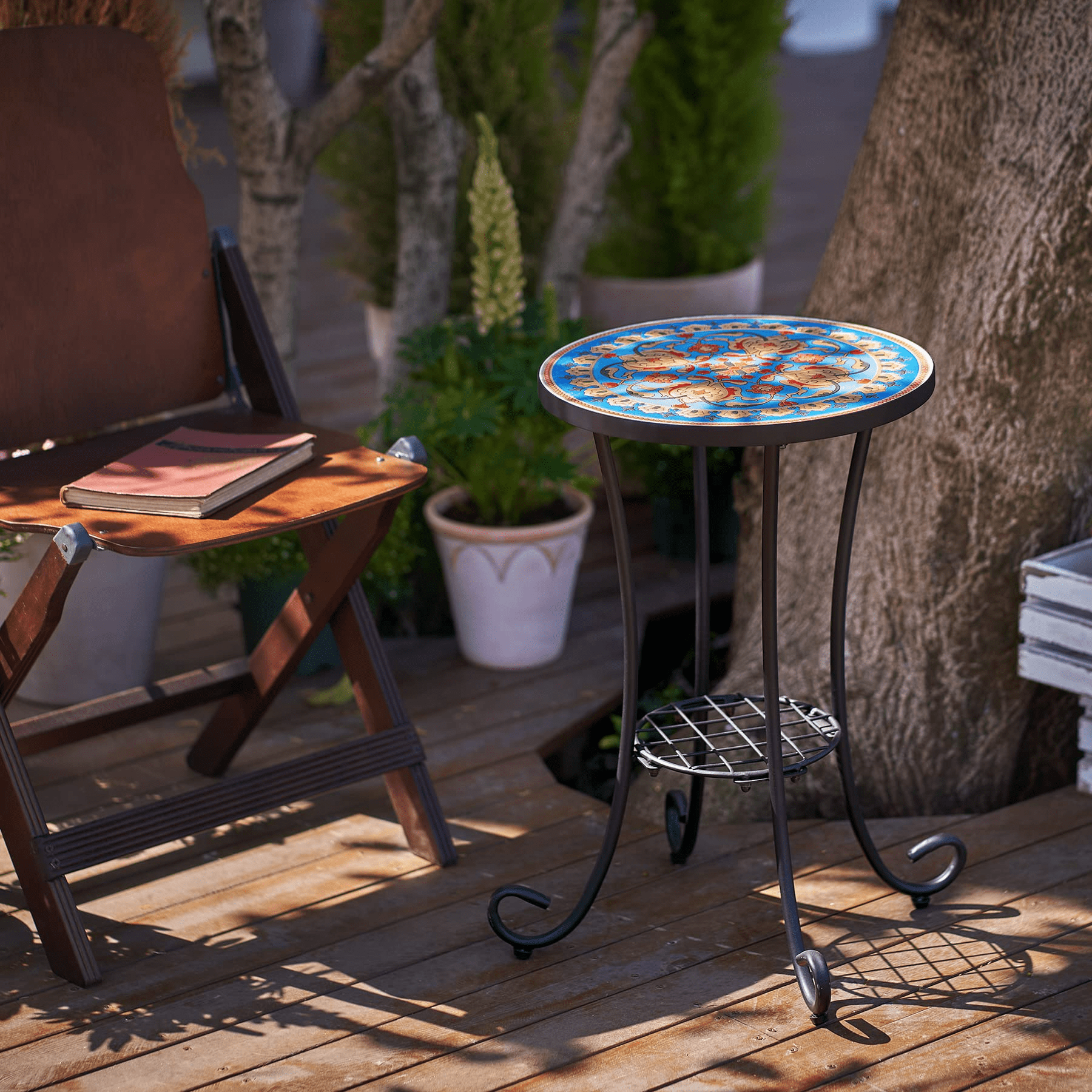 Outdoor Mosaic Side Table and Plant Stand, 21" H End Table with 14" Dia Ceramic Tile Top, Indoor and Outdoor Accent Table for Garden, Yard or Lawn