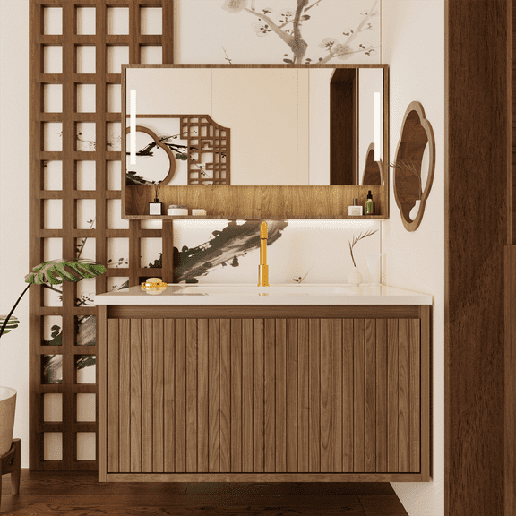 30 Inch Bathroom Vanity with Sink Combo, Floating Bathroom Fluted Vanity with Drawers, Modern Wall Mount Storage Cabinet with Ceramic Integrated Sink, Walnut