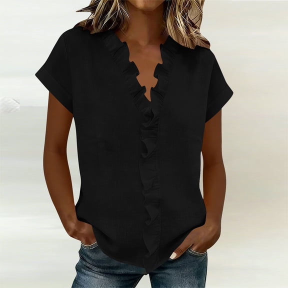 Avirosel Women's Dressy Casual Tops Ruffle Short Sleeve V Neck Blouses Elegant Business Work Shirts Lightweight Soft Formal Tops for Office Business Meeting Daily Outfits