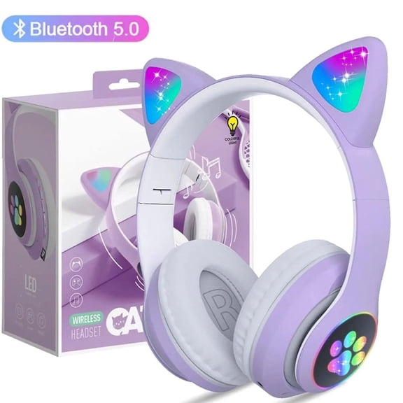 Cat Ear Kids Headphones Wireless Bluetooth with Microphone, LED Light Up Foldable Over-Ear Headset for School, Phone, Tablet, Laptop, Gift,Purple