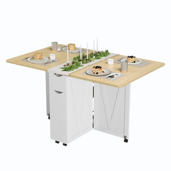 Ataucjin Folding Dining Table with Drawer and Storage,Space Saving Dining Table,Folding Kitchen Table with 6 Wheels,Dinner Table Suitable for Kitchens,Apartments,Small Spaces