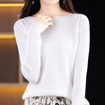 thumbnail image 2 of Vinsonshop Long Sleeve Ribbed Knit Tops Women Boat Neck Sweaters Slim Fit Casual Pullover Basic Jumpers Fall Fashion Everyday Wear White S, 2 of 5