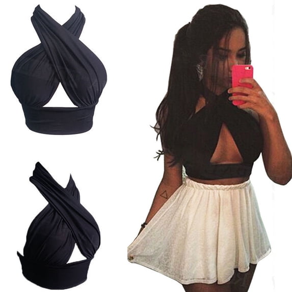 Sedceaty Women Summer Sexy Halter Vest Hollow Out Cross Strap Hanging Neck Backless Crop Tops Solid Color Bandage Slim Tank T-Shirt